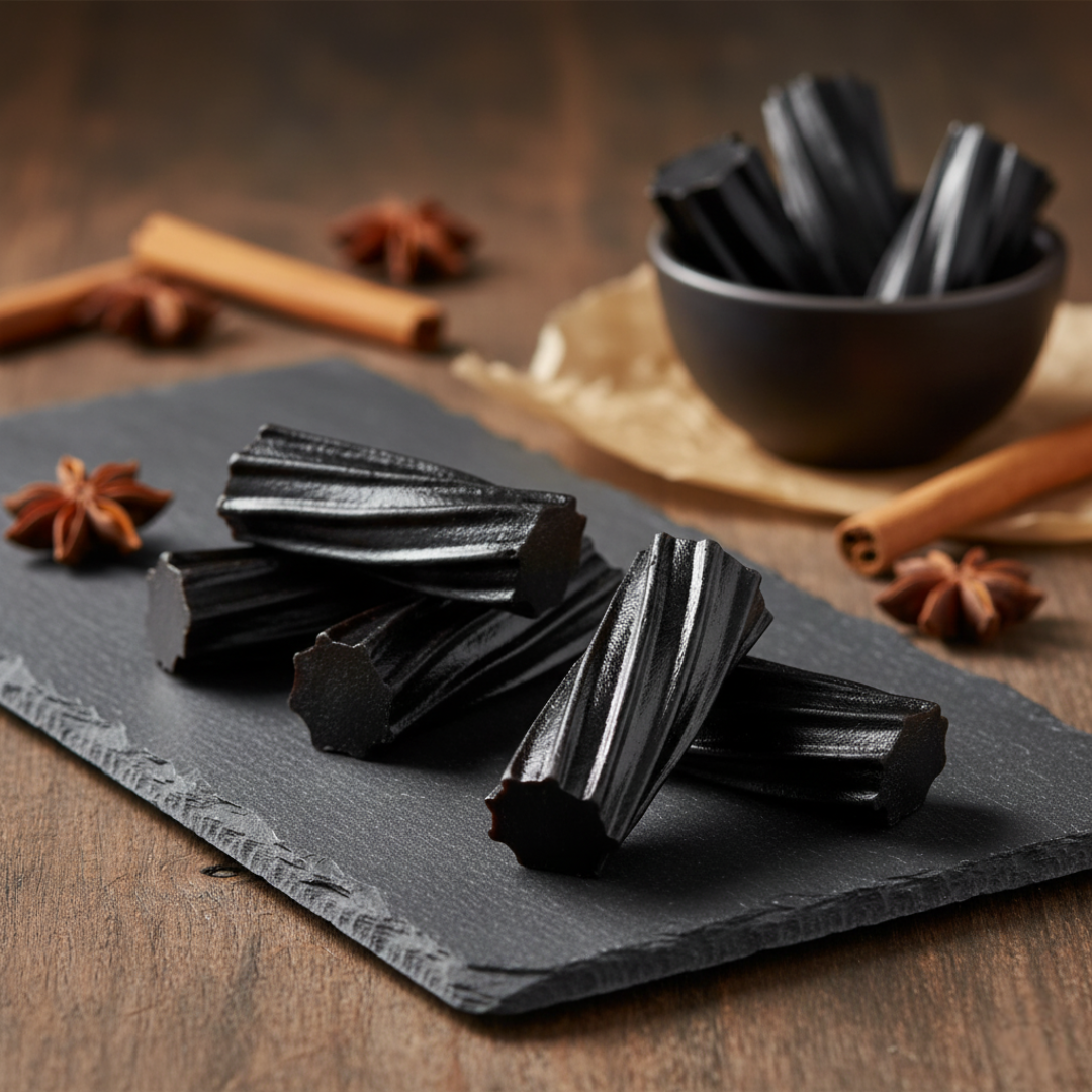 Aussie Style Black licorice from Tasty Treat, pieces on a slate board with cinnamon sticks and star anise in the background.