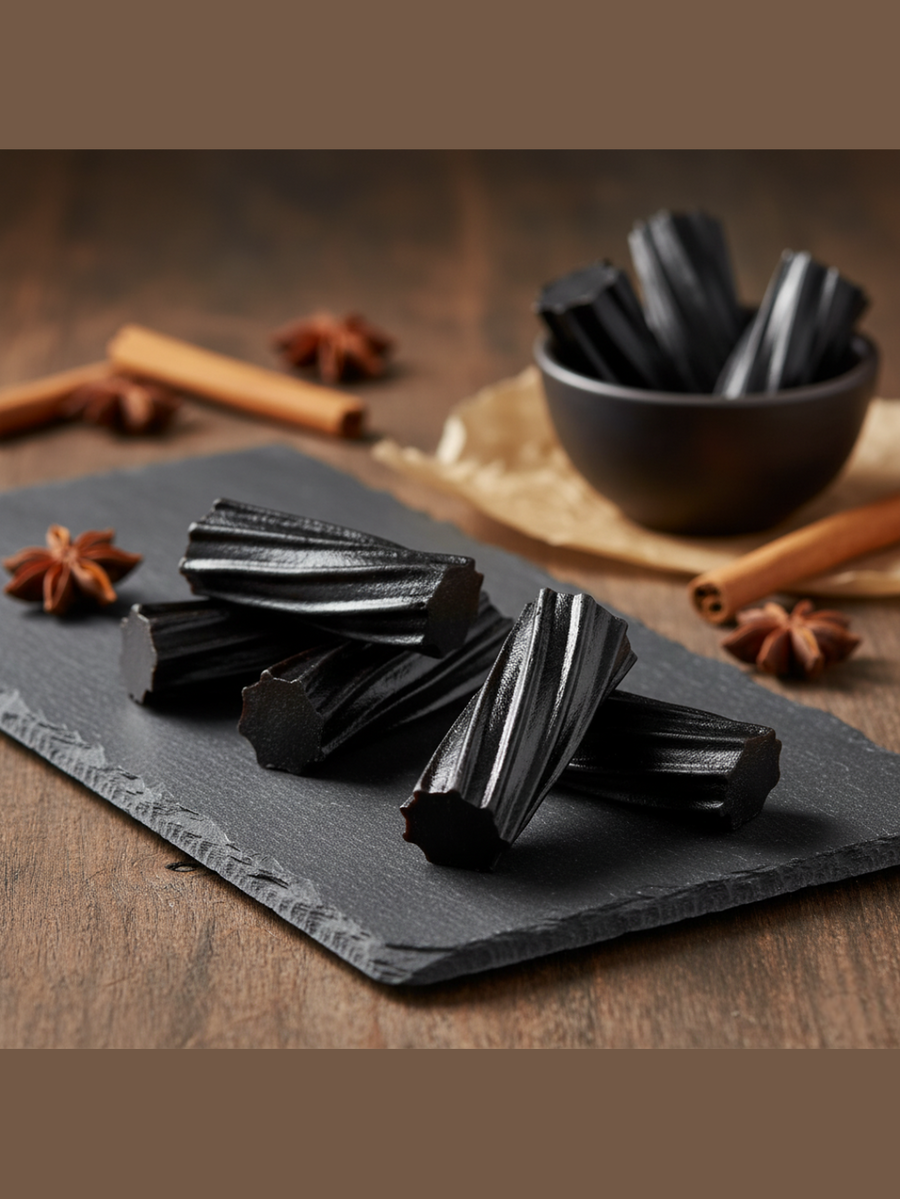 Aussie Style Black licorice from Tasty Treat, pieces on a slate board with cinnamon sticks and star anise in the background.