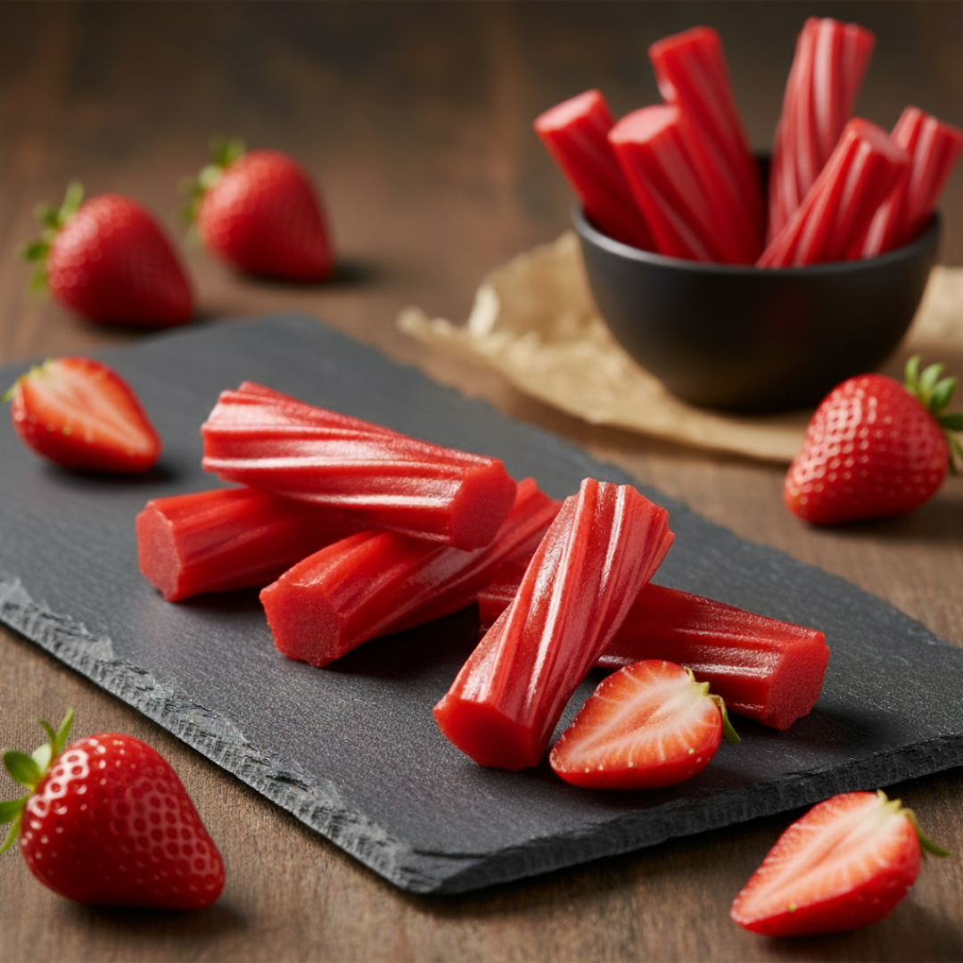 Aussie Style Strawberry Licorice from Tasty Treaty. Red candy sticks on a black slate with strawberries on a wooden surface