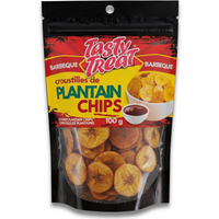 Packaging of Tasty Treat Barbeque Plantain Chips on a white background