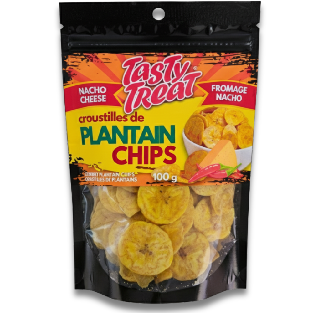 Packaging of Tasty Treat plantain chips with colorful label