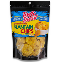 Packaging of Tasty Treat plantain chips with colorful design on a white background