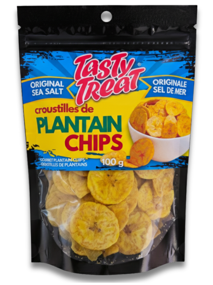 Packaging of Tasty Treat plantain chips with colorful design on a white background