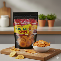 Tasty Treat plantain chips packaging with chips on a cutting board and bowl.