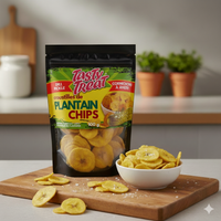 Tasty Treats plantain chips packaging with chips on a cutting board and in a bowl.