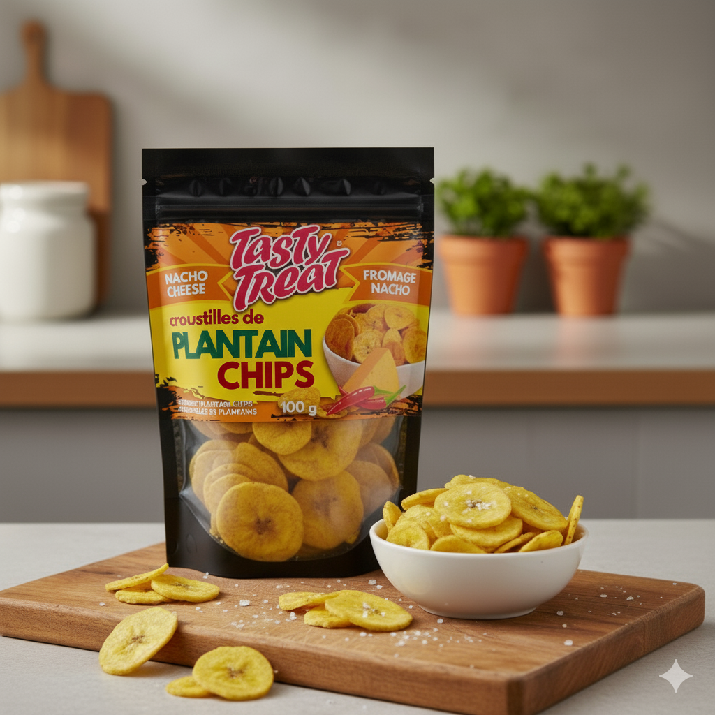 Packaging of Tasty Treat plantain chips with a bowl of chips on a wooden board.