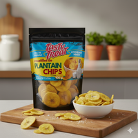 Tasty Treat plantain chips packaging with chips on a cutting board and in a bowl.